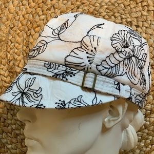 Vintage White Cadet Cap Black Floral Embroidery